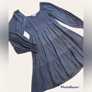 Gray Smocked Long Sleeve Dress